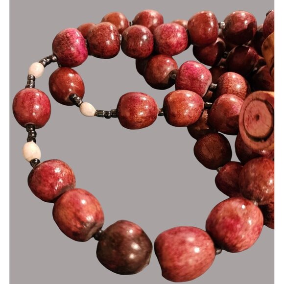 HUGE Handcrafted Wooden Rosary Necklace With Crucifix Red Beads & Yellow String - Picture 9 of 13